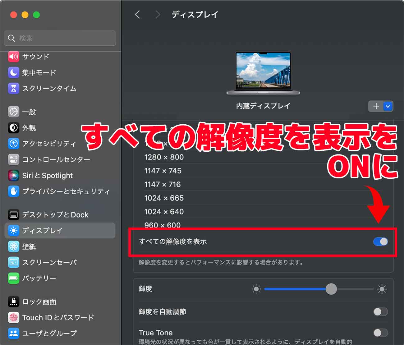 すべての解像度を表示をONに